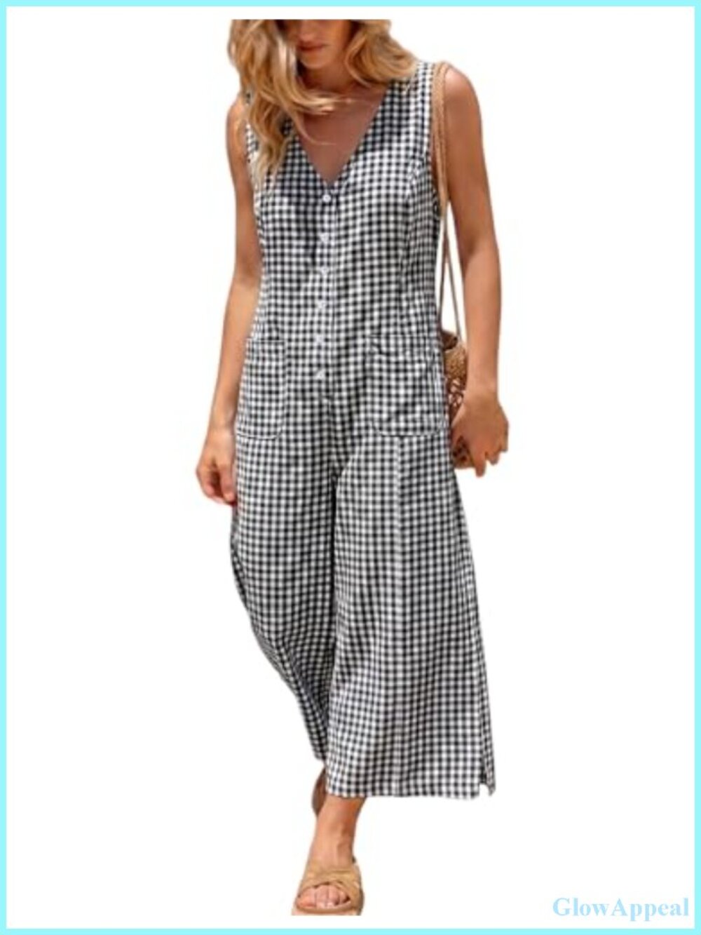 Women's Sleeveless Button Down Wide Leg Plaid Romper Jumpsuit Cotton